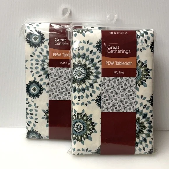 NEW PEVA Tablecloths (2) 60x102” PVC Free Boho Mandala Blue Green Cream - Picture 2 of 7